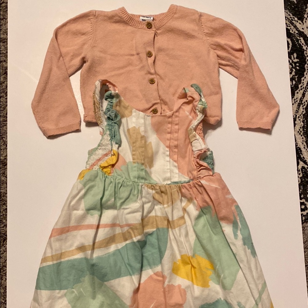 Carters Infant Girl Size 18 MOS Pastel Multicolor Dress with Pink Cardigan SET